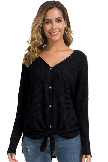 Solid Waffle Knit Tunic Loose Fitting Bat Wing